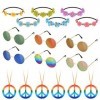 Hotgod Lot de 18 accessoires de déguisement hippie pour les années 60 et 70 6 colliers avec symbole de la paix + 6 bandeaux 