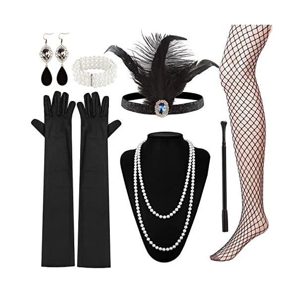 M MUNCASO Ensemble daccessoires de fête des années 1920 avec bandeau, gants noirs, collants en résille, accessoires de dégui