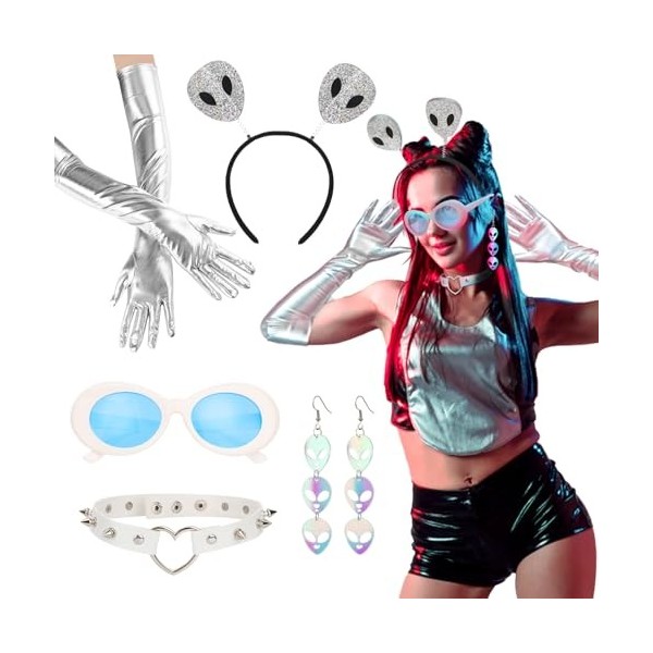 XEPST Alien Costume Accessories Set-Bandeau dAntenne Extraterrestre, Boucles doreilles, Collier et Gants pour Femmes et Fil