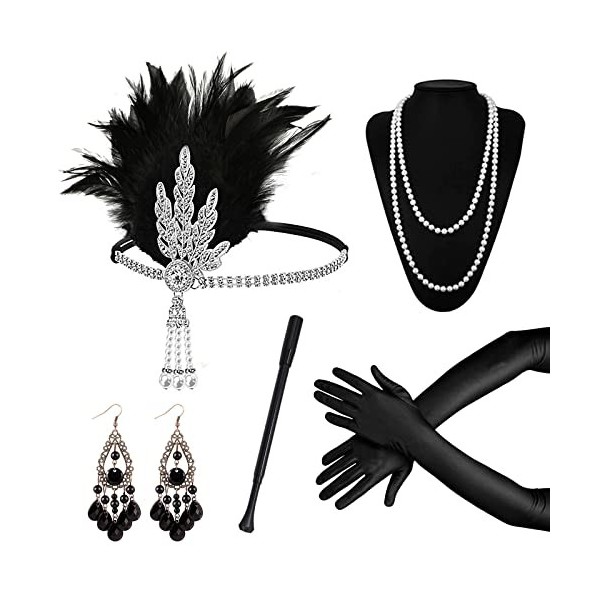 Ensemble daccessoires années 1920, 5 pièces – Accessoires Gatsby le Magnifique avec bandeau, boucles doreilles, accessoires