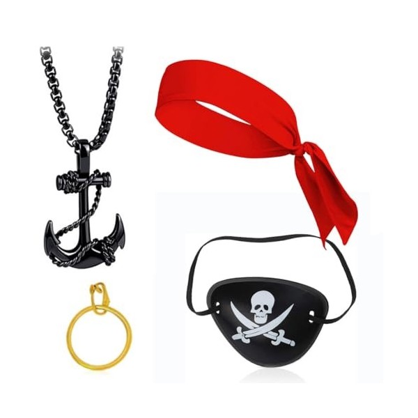 KGDUYC Kits de déguisement,Ensemble de 4 Colliers Capitaine Pirate, Masque pour Les Yeux, Boucles doreilles dorées, Bandeau 