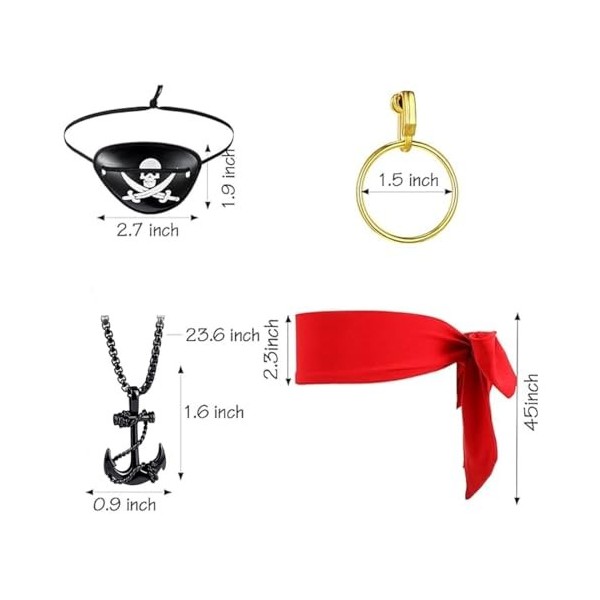 KGDUYC Kits de déguisement,Ensemble de 4 Colliers Capitaine Pirate, Masque pour Les Yeux, Boucles doreilles dorées, Bandeau 