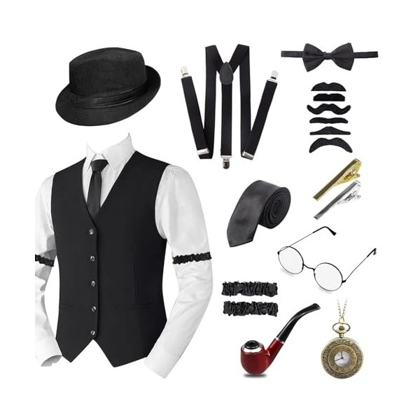 18PCS 1920s Accessoire Homme Kit,Great Gatsby Gangster Costume des Années 1920,Années 1920 Hommes Déguisements Accessoires,Vi