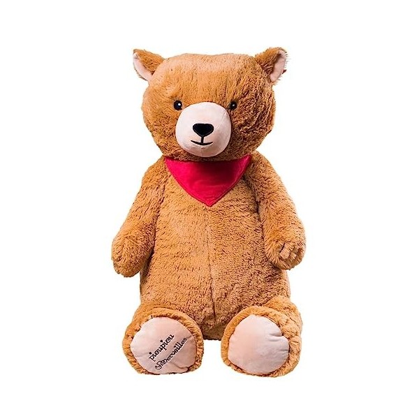 Pioupiou et Merveilles Peluche Géante Fabrication Française XXL Jazzly Le Grizzly - 100 CM de Haut - Toute Douce pour Enfant 