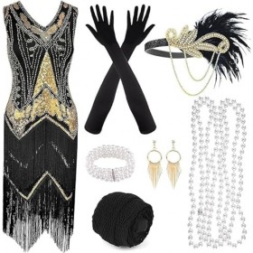PLULON Années 1920 Robe Flapper à Paillettes à Franges avec Accessoires Années 20 Ensemble Robe Gatsby Col en V avec Flapper 