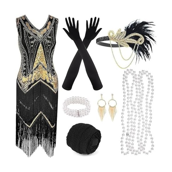 PLULON Années 1920 Robe Flapper à Paillettes à Franges avec Accessoires Années 20 Ensemble Robe Gatsby Col en V avec Flapper 