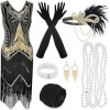 PLULON Années 1920 Robe Flapper à Paillettes à Franges avec Accessoires Années 20 Ensemble Robe Gatsby Col en V avec Flapper 