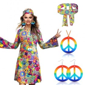 CYIOU 4 Pcs Costume Hippie pour Femme Deguisement Hippie Annee 70 Année 60 Tenue Disco Femme Collier de Signe de Paix et des 
