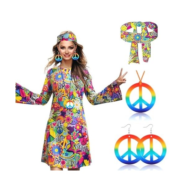 CYIOU 4 Pcs Costume Hippie pour Femme Deguisement Hippie Annee 70 Année 60 Tenue Disco Femme Collier de Signe de Paix et des 