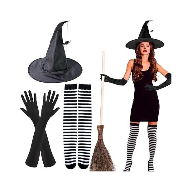 BOFUNX Kit de Déguisement Sorcière Chapeaux de Sorcière dhalloween Pliable Chapeau Pointu Long Gants avec Doigt Collants Ray