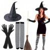 BOFUNX Kit de Déguisement Sorcière Chapeaux de Sorcière dhalloween Pliable Chapeau Pointu Long Gants avec Doigt Collants Ray