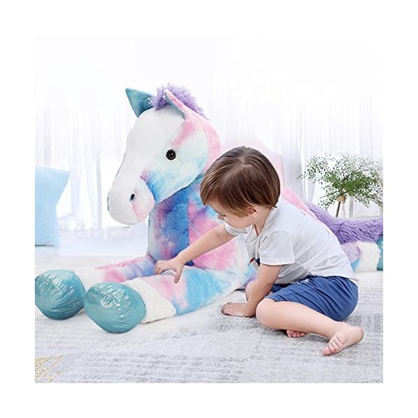 MorisMos Peluche Cheval Geante 90cm, Peluche Cheval Bleu Arc-en-Ciel pour Fille, Jouet Peluche Cheval Grande Câlin, Cadeau d