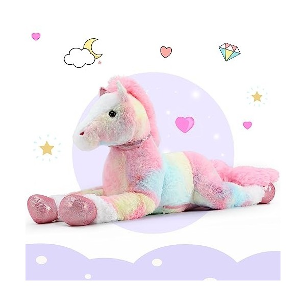 MorisMos Peluche Cheval Geante 90cm, Peluche Cheval Bleu Arc-en-Ciel pour Fille, Jouet Peluche Cheval Grande Câlin, Cadeau d