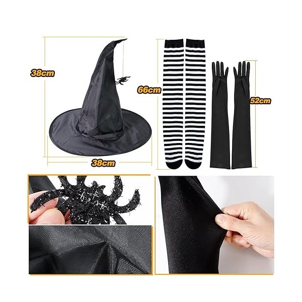 BOFUNX Kit de Déguisement Sorcière Chapeaux de Sorcière dhalloween Pliable Chapeau Pointu Long Gants avec Doigt Collants Ray