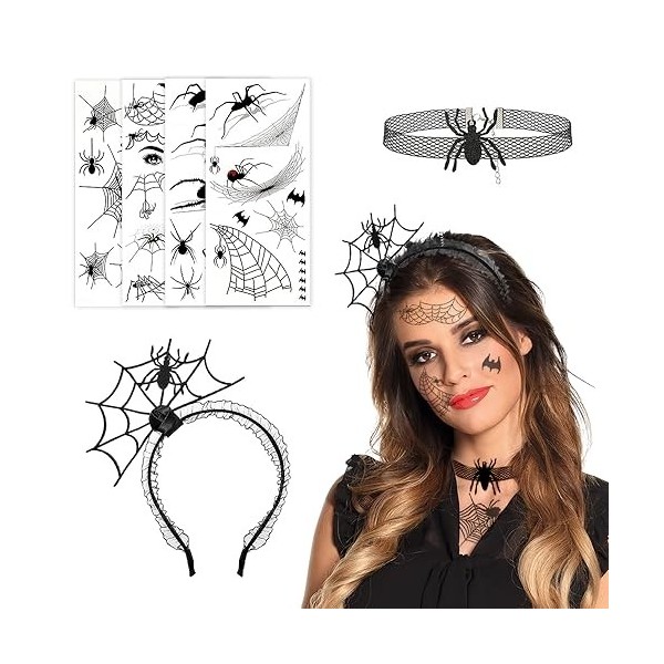 Riisoyu Bandeau daraignée dHalloween, 6 Pcs Araignée Serre-tête Halloween Araignée Tatouages avec Collier Choker Bandeaux D