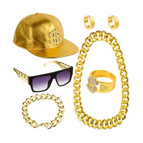 Peirich Kit de Costume Hip Hop, Inclus Lunettes de Soleil Chapeau Hip Hop et Or Signe de Dollar Collier Bracelet Anneau Acces
