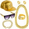 Peirich Kit de Costume Hip Hop, Inclus Lunettes de Soleil Chapeau Hip Hop et Or Signe de Dollar Collier Bracelet Anneau Acces