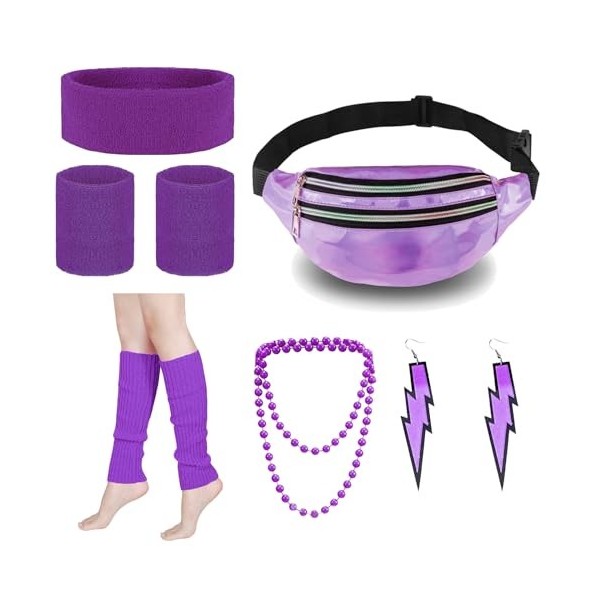 LUKIUP Déguisement Année 80 Accessoire Femme, Déguisement fluo, Violet Disco Costume Vetement Fête, Costume Déguisement Disco