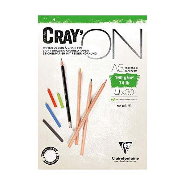 Clairefontaine 975029C Bloc Collé CrayON - 30 Feuilles Papier Dessin Blanc au Grain Fin - A2 42x59,4 cm 160g