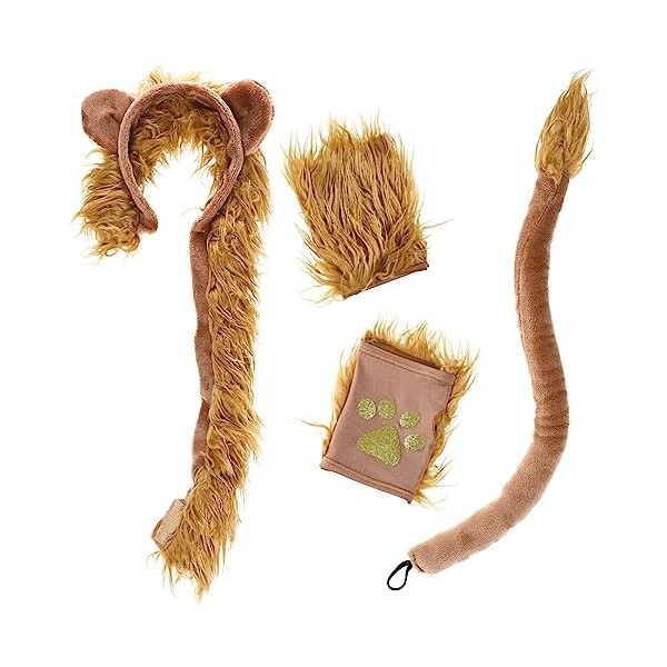 ifundom Lot de 4 accessoires de costume de lion avec oreilles de lion, bandeau, queue et gants en peluche pour Halloween, Noë