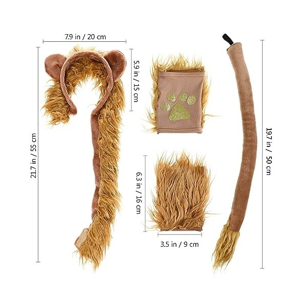 ifundom Lot de 4 accessoires de costume de lion avec oreilles de lion, bandeau, queue et gants en peluche pour Halloween, Noë