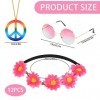 12 Pcs Accessoire Hippie Femme, Ensemble de Costume Hippie Chic Bandeau Collier Hippie Lot Lunettes De Soleil Bandeau de Tour