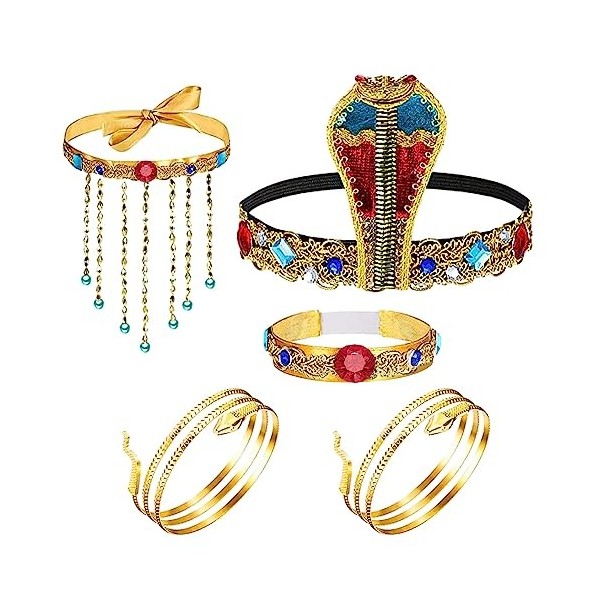 FRIUSATE Lot de 5 accessoires de costume égyptien, coiffe égyptienne avec 2 manchettes en métal serpent, bracelet en cristal,