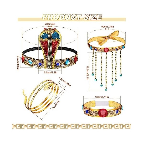 FRIUSATE Lot de 5 accessoires de costume égyptien, coiffe égyptienne avec 2 manchettes en métal serpent, bracelet en cristal,