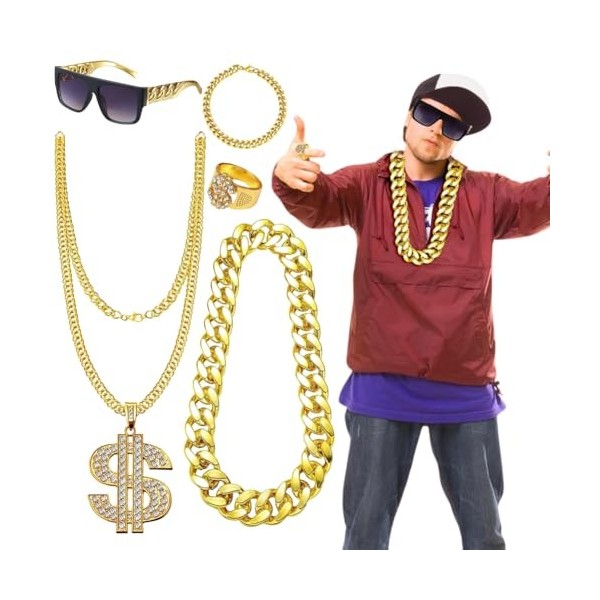 RANJIMA Lot de 5 costumes hip hop, 5 pièces des années 80 et 90, accessoires hip hop pour homme, signe du dollar, chaîne en o