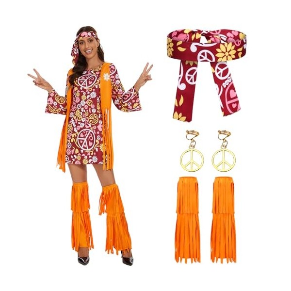 Geebuzz Déguisement hippie des années 70, pour femme – Robe de style hippie des années 1960 avec bandeau, frange, couvre-bott