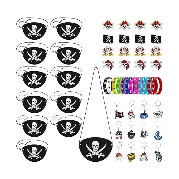 48 Pièces Pirate Accessoires Set, Cache-œil de Pirate, Pirate Bracelets, Pirates Bagues, Pirate Faux Moustache pour Halloween