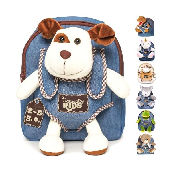 Naturally KIDS Petit Sac à Dos avec Chien Peluche pour Enfants 3 4 5 Ans - Cadeau Anniversaire Fille Garcon 2 3 4 5 Ans - Jou