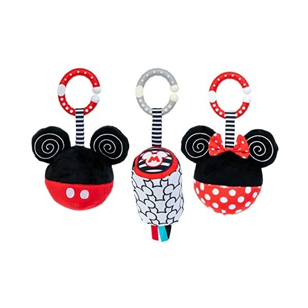 KIDS PREFERRED Disney – Lot de 3 jouets à suspendre Mikcey Mouse et Minnie Mouse pour bébé – Peluche froissée noire et blanch