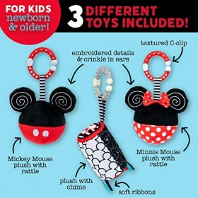 KIDS PREFERRED Disney – Lot de 3 jouets à suspendre Mikcey Mouse et Minnie Mouse pour bébé – Peluche froissée noire et blanch