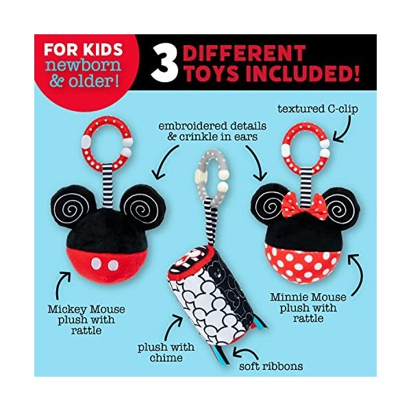 KIDS PREFERRED Disney – Lot de 3 jouets à suspendre Mikcey Mouse et Minnie Mouse pour bébé – Peluche froissée noire et blanch