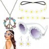 FRIUSATE Lot de 5 accessoires de costume hippie pour femme, collier avec signe de la paix des années 60 et 70, bandeau à fleu