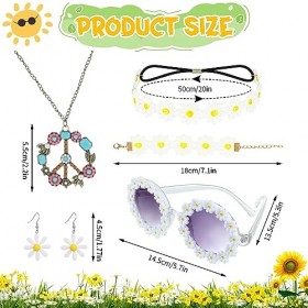 FRIUSATE Lot de 5 accessoires de costume hippie pour femme, collier avec signe de la paix des années 60 et 70, bandeau à fleu