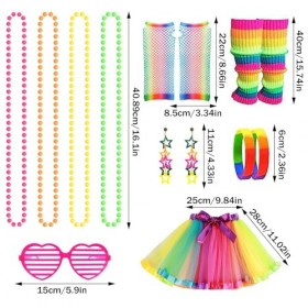 Déguisement Année 80 Accessoire Femme, Robe De Couleur Arc-En-Ciel Sac Banane Lunettes Bandeau noeud Colliers Bracelets Gants