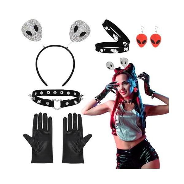 XEPST Alien Costume Accessories Set-Bandeau dAntenne Extraterrestre, Boucles doreilles, Collier et Gants pour Femmes et Fil