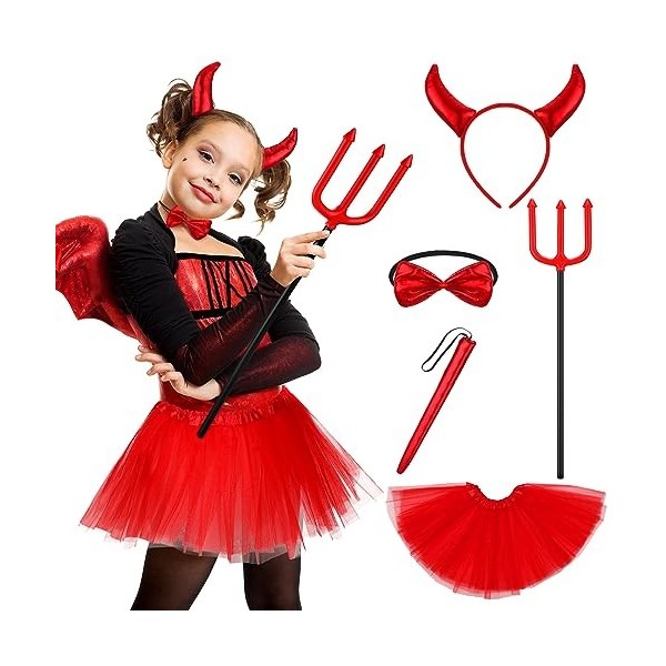 SATINIOR 5 Pcs Costumes de Diable pour Enfants Déguisement de diable dHalloween, Bandeau de Cornes de Diable Trident de diab