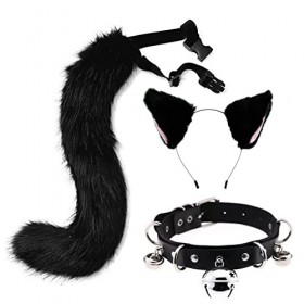 Moyubath Ensemble oreilles et queue de chat, serre-tête et oreilles de renard à fourrure et longue queue danimal pour Hallow