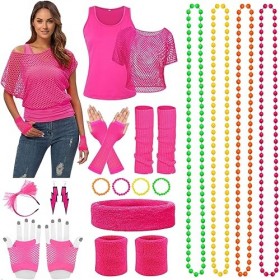Deguisement Annee 80 Femme, Accessoire Annee 80 T-Shirt Résille Gilet, Déguisement Année 90 Neon Deguisement Disco, Costumes 