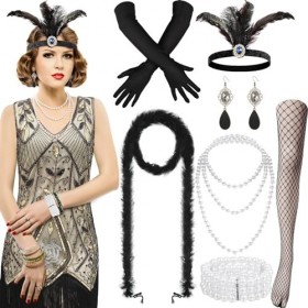 Hestya Ensemble d’Accessoires de Costume des Années 1920 Robe Flapper à Paillettes Robe à Franges Perlées Robe à Col en V Dég
