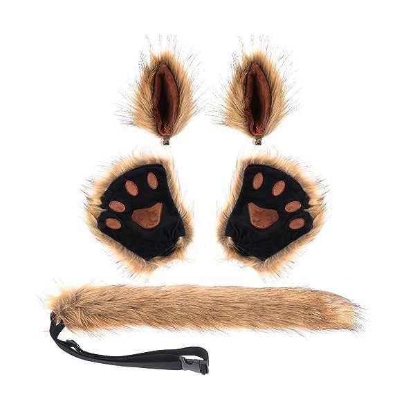 KEESIN 5PCS Ensemble de gants en fausse fourrure avec oreilles, queue et pattes danimaux, ensemble de costumes de Cosplay, a