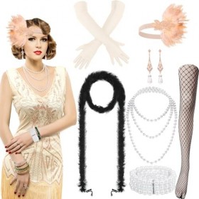 Hestya Set de 9 Costumes de Robe à Clapet Vintages des Années 20, Robe à Clapet Frangée à Col en V avec Accessoires des Année