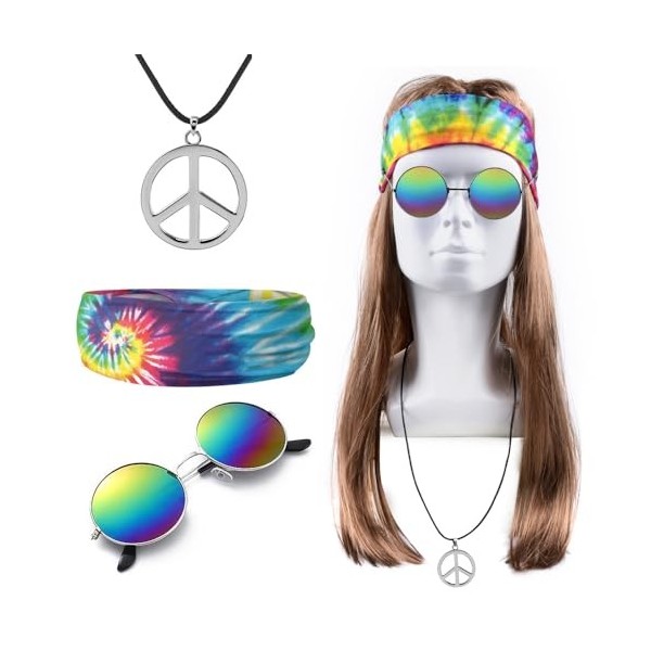 iZoeL Deguisement Hippie Deguisement Annees 80 70 60s Perruque Hippie Homme  Deguisement Disco Femme Accessoires Hippie Costum
