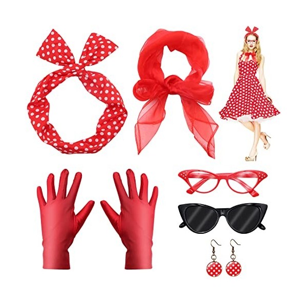 ZOCONE Lot de 8 accessoires pour les années 50 femmes, rouge foulards en mousseline de soie, lunettes vintage accessoires car