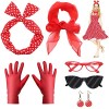 ZOCONE Lot de 8 accessoires pour les années 50 femmes, rouge foulards en mousseline de soie, lunettes vintage accessoires car