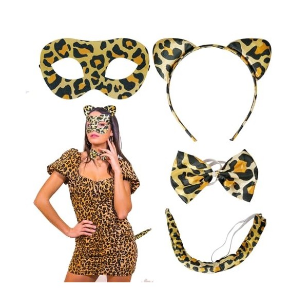 LAMEK Lot de 4 costumes de léopard - Serre-tête pour femme - Oreilles danimaux - Bandeau avec queue - Masque - Nœud pour Hal