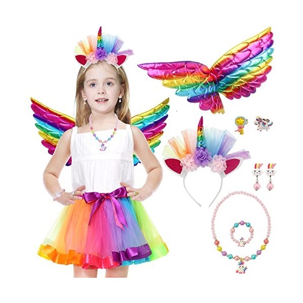 Ubaywey Lot de 9 costumes de licorne pour enfants, jupe en tulle, serre-tête licorne, collier arc-en-ciel, ailes colorées, cl